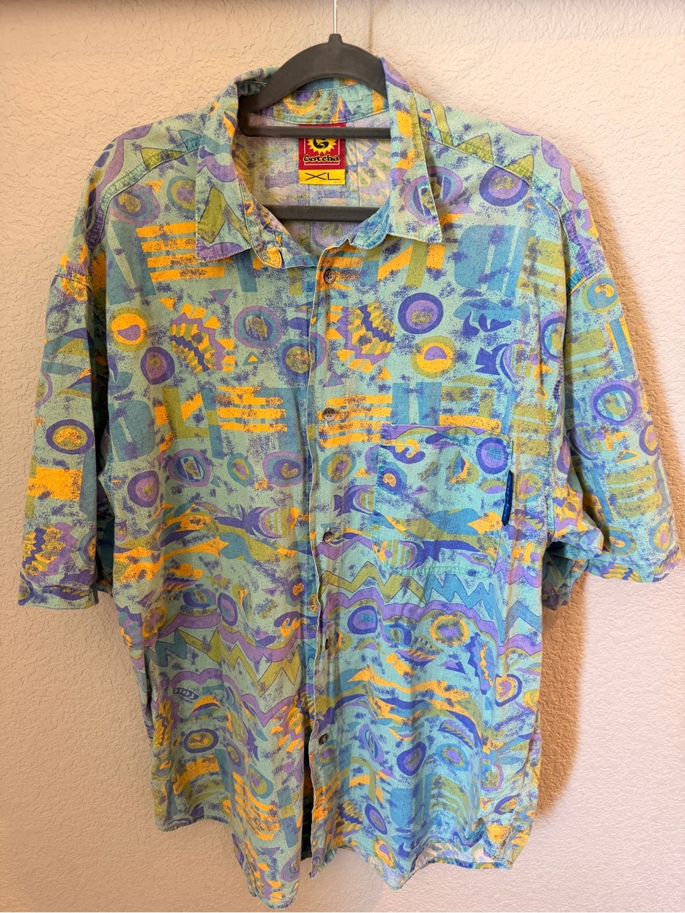 Gotcha 90s Vintage Aqua & Yellow Men's Short-Sleeve Button Shirt XL